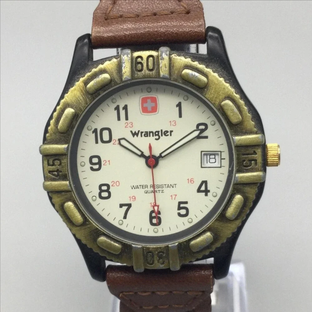 Wrangler Mens Watch 39mm White Dial Brown Leather Band Date New Battery